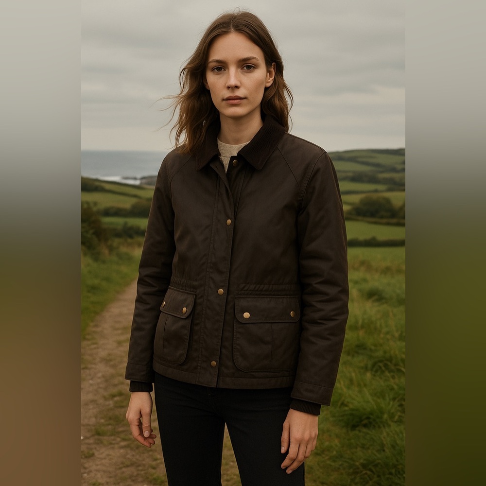 Zara Waxed Cotton Brown Jacket Countryside Corduroy Collar Barn , size M